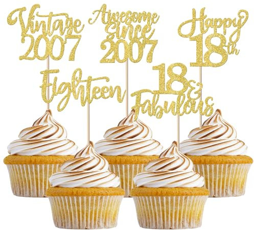 30 Pack Vintage 2006 Cupcake Toppers Glitter Happy 18th Eighteen Awesome Since 2006 Cupcake Picks 18 Fabulous Cake Decorations for 18th Birthday Wedding Anniversary Party Supplies Gold
