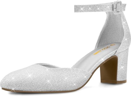 PIZZ ANNU Damen Pumps mit Blockabsatz Glitzer Riemchenpumps Elegant Hochzeitsschuhe Knöchelriemen Spangenpumps Geschlossene Zehenkappe Silber EU 38