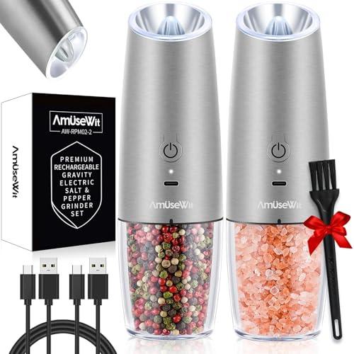 AmuseWit Gravity - Juego de molinillos eléctricos de sal y pimienta [luz blanca] molinillos de pimienta y sal automáticos recargables por USB, grosor ajustable, funcionamiento con una sola mano, acero