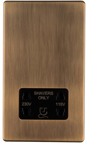 230V & 115V Twin Shaver Socket Wall Plate SCREWLESS ANTIQUE BRASS Bathroom - Bathroom Shower Shaving Power Wall Plate