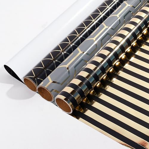 ZYOOO 3 Rolle Glitzernde Geschenkpapier,43cm x 3m Schwarz Gold Grau Geschenkverpackung Papier für Geburtstag Vatertag Weihnachten Neujahr