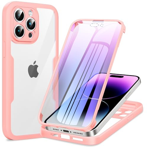 Phoona Cover per iPhone 14 Pro con Pellicola Protettiva Trasparente, Antiurto Silicone TPU Custodia 360 Gradi Full Body Protezione, AntiGraffio Robusta Portatile Cover per iPhone 14 Pro, Rosa
