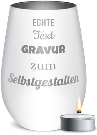 PR Print Royal Weißes Windlicht Mit Gravur - Glas Selbst Gestalten Mit Name Oder Text - Geschenk Zum Geburtstag, Weihnachten | Inkl. Teelicht & Persönlicher Gravur, 450 Ml, Innen Silber