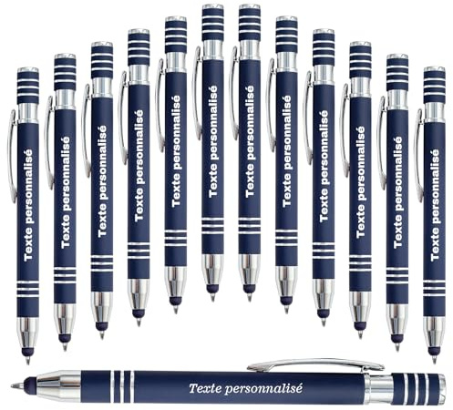 LINMQIU Stylo à bille bleu foncé personnalisé avec stylet - Encre noire Stylo à nom gravé en métal personnalisé Stylos à bille personnalisés pour étudiant en école de bureau - 12Pièces