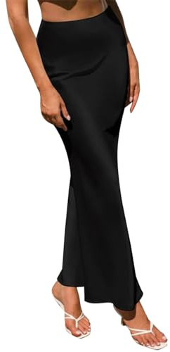 IMEKIS Jupe longue en satin de soie pour femme - Taille haute - Élastique - Volants - Couleur unie - Jupe sirène - Jupe de soirée formelle, Noir , 48