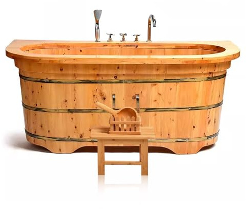Freistehende Badewanne aus Naturholz mit Wasserhahn-Set, Outdoor-Bank und Wasserschaufel, ideal für Erwachsene und Kinder, Familien-Spa-Erlebnis