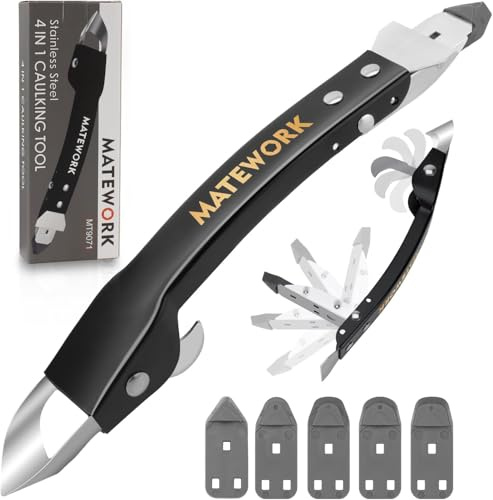 Caulking Tool Kit, Stainless Steel Caulk Remover Tool, 4 in 1 Grout Removal Tool, Sealant Finishing Tool with 5 Silicone Pads, Caulk Removal Tool for Shower Kitchen Bathroom Floor Window Sink, Black
