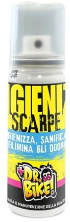 DR. BIKE Igieniz scarpe 100 ml. Igienizzante scarpe da bici contro batteri, lieviti, muffe. Igienizza, sanifica, elimina gli odori dalle calzature sportive. Deodorante per scarpe spray alla lavanda.