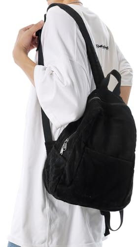 Boziee Klein Rucksack Damen Cord Cityrucksack Rucksäcke Daypacks,Rucksackhandtaschen Kinderrucksäcke für Schule Travel Arbeit Damen Mädchen Teenager Unisex (Cord, Schwarz)