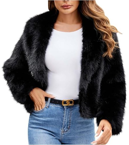 Komiseup Fleecejacke Damen, Winterjacke Damen Kurze Winter Pelzmantel Elegant Kunstpelz Jacke Offener Front Wintermantel Dick Plüschjacke mit Kapuze Faux Pelz Coat Warme Kunstfell Oberbekleidung 29