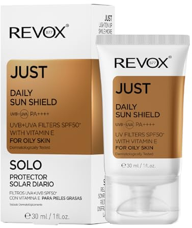 REVOX B77 - Just Daily Sun Shield, 30 ml, Protector Solar Piel Grasa con Ácido Hialurónico, SPF 50+, Uso Diario, Hidrata y Promueve la Regeneración de la Piel, Reduce Irritación, Mejora Elasticidad
