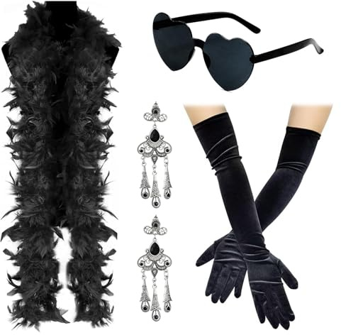 Ourdort 4 Pezzi Boa di Piume Guanti Orecchini Occhiali a Forma di Cuore Accessori Anni 20 Donna,Great Gatsby Accessori Set per Costume,Charleston,Carnevale,Anni '20,Festa in Maschera