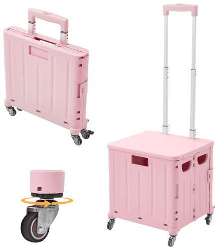 Einkaufstrolley Klappbar, Einkaufskorb mit Deckel 45L Kapazität, Alu Teleskopgriff, Faltbarer Shopping Trolley Einkaufswagen, Einkaufskorb Kunststoff mit stabile Rädern, Draußen Transport Trolley Rosa