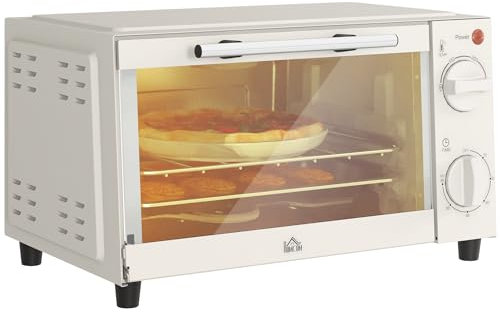 HOMCOM Mini forno 9L Mini forno con teglia, griglia, 100 °C-230 °C, con temperatura e tempo di cottura regolabili, timer 60 minuti, 750 W, acciaio inox, bianco crema