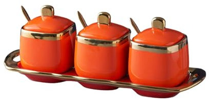 TGDGFKIAS latas de azúcar de cerámica, Juego de 3 azucareros, azucareros, especias, saleros, aderezos, azucareros de cerámica de colores(Oranje)