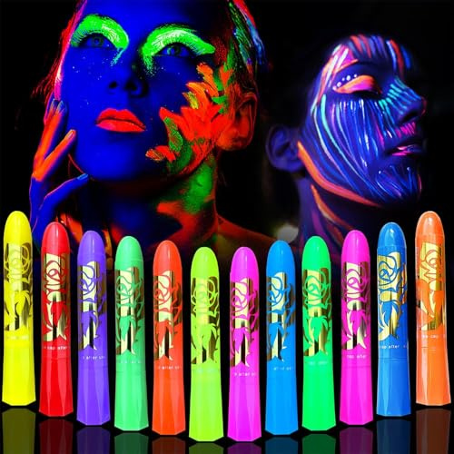 Fluorescent and Glow-in-the-Dark Face & Body Paint, UV Blacklight Cosmetics Neon Paint, Light-Up Stick Makeup Kit for Adults, Halloween Party Neon Face Paint Crayons(12 color)