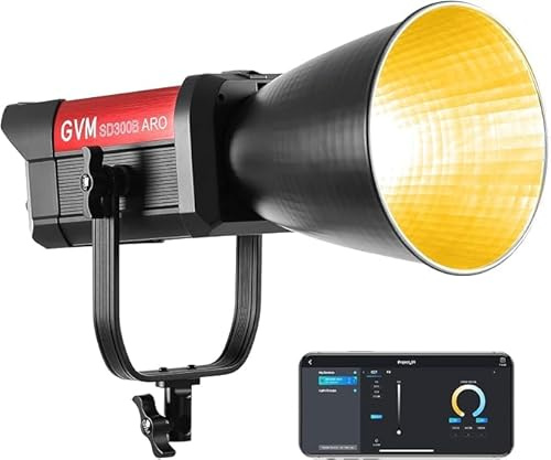 GVM Éclairage de photographie 300 W – Lumière COB professionnelle, lumière vidéo avec réflecteur standard de 45°, 221950Lux @ 1 m, support Bowens et contrôle par application, idéal pour la production