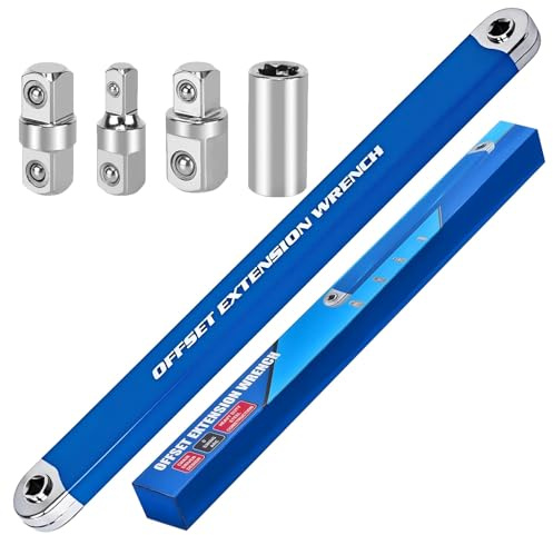 KOSIDA Ensemble de clés à cliquet avec extension décalée et outils à cliquet à angle zéro et adaptateurs de manivelle carrée de 1/2, 1/4, 3/8 pour clé à cliquet avec extension de douille serrée