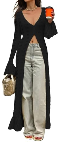 NRTHYE Women Long Crochet Cardigans Button up Knit Hollow Out Elegant Duster Sweaters Cover Up Maxi Dress, 01black, Medium