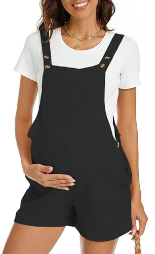 FEOYA Women's Maternity Overall Shorts Cotton Adjustable Strap Short Romper Jumpsuit Casual Pregnancy Dungarees Playsuit Black L