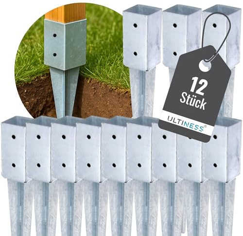 ULTINESS Pfostenträger für Holzpfosten Einschlaghülse 12 St. 71 x 71/750 mm | Einschlaghülse 70x70/90x90 wetterfeste Bodenhülse aus Stahl Feuerverzinkt, Stabile Pfostenanker im Außenbereich