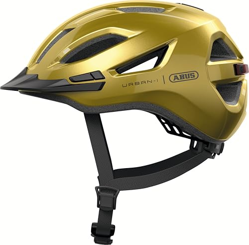 ABUS Casco da città Urban-I 4.0 - Casco da bicicletta con luce posteriore ricaricabile, 2 modalità di illuminazione, visiera e chiusura magnetica - per adolescenti, donne e uomini - taglia L, giallo