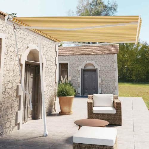 Standmarkise Automatisch Einziehbar mit Volant, Pulverbeschichteter Aluminiumrahmen, UV-beständig, Sonnenschutz für Balkon, freistehende markise, Markise Einziehbar, Gelb und Weiß, 300 x 250 cm