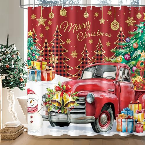 Dazzlewall Tenda Doccia Merry Christmas 180 x 180 cm, Rosso Retro Camion Auto Albero di Natale Campana Baubles Tenda Bagno Lavabile, Impermeabile Antimuffa Tessuto Tende per Interni con 12 Ganci