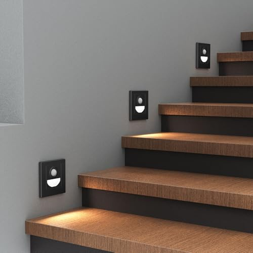 Braytron 1,5W LED Treppenlicht mit Bewegungsmelder – 3CCT Stufenbeleuchtung, 90lm, IP20, einstellbare Farbtemperatur 3000K/4000K/6500K, rechteckig schwarz oder weiß, 230V Innenbeleuchtung (Schwarz)