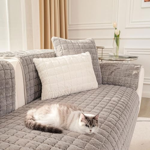 Thick Rabbit Plush Sofa Covers 1/2/3 Seater, Universal Washable Couch Protector, Non-Slip Silicone Particles, L Shape Super Soft Faux Fur Sofa Slipcovers for Kids, Dog, Cat(70 x 150cm, Seater Cover)