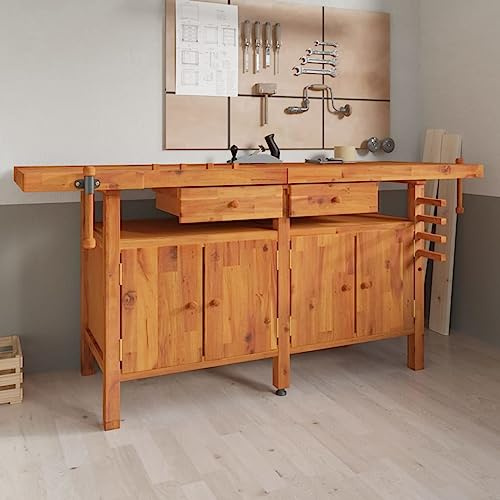 Iiaky Werkbank Holz Werkbank mit Schraubstöcken Hobelbank Arbeitstisch mit Ablagen Werkstatt Werkstatttisch-192x62x83 cm Typ 2