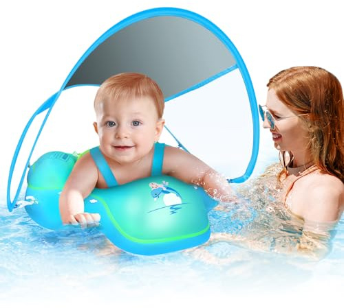 Baby Swimming Float, Baby Pool Float with Sun Canopy UPF50+, Baby Swimming Ring with Adjustable Safety Seat, Inflatable Baby Swim Float for 3-36 Month S