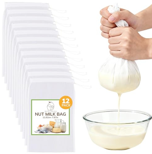 12Pack Reusable Nut Bag Strainer, 12 x 8 Inch Cheesecloth Bags for Straining Nylon Cheese Cloth Bags, 200-Mesh Fine Nut Milk Bag, Easy to Clean, CheeseCloth Bags for Coffee,Yogurt,Soup,Purees,Juice