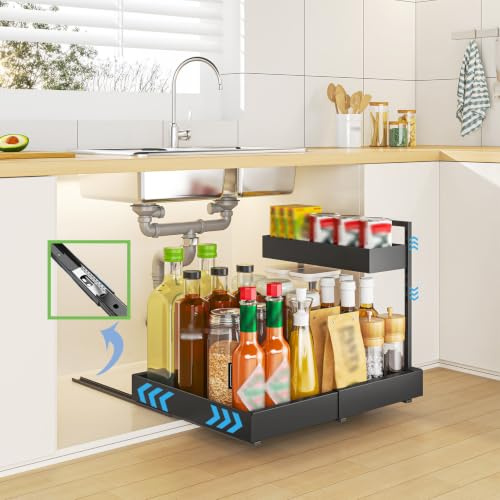 YunNasi Extensible Rangement Sous Evier, Organisateur Cuisine 2 Niveaux, Rangement et Organisation de Cuisine, Tiroir Coulissant Cuisine pour Salle de Bain, Armoire, Placard (Noir)