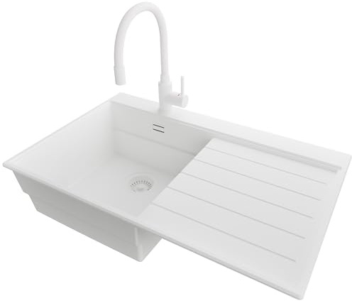 PRIMAGRAN Lavandino da Cucina Tutto Bianco 78x50cm, Lavello in Granito a 1 vasca + Rubinetto 38x14cm + Sifone Classico, Lavabo Incasso al mobile 45cm - Sydney