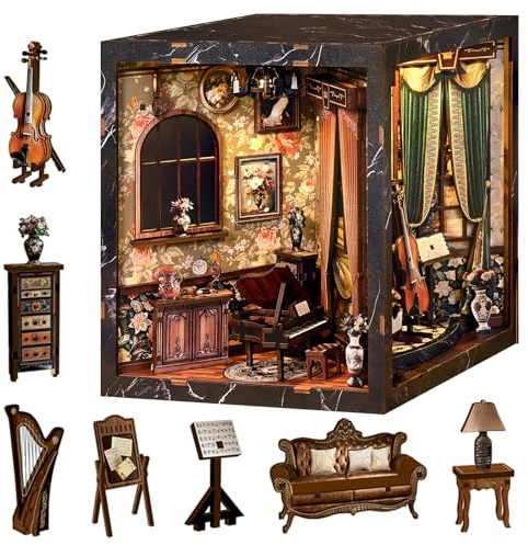 Spilay Miniatur Haus, Vintage Musikzimmer Puppenhaus Holz | DIY Miniature House mit LED-Licht, 3D Puzzle für Erwachsene, Miniatur Bausatz, Regal Deko Geschenk