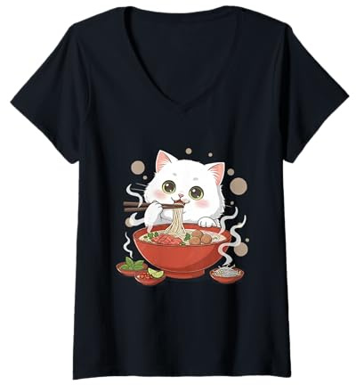 Mujer Pho Cat Lover Palillos Vietnamitas Fideos Comida Asiática Camiseta Cuello V