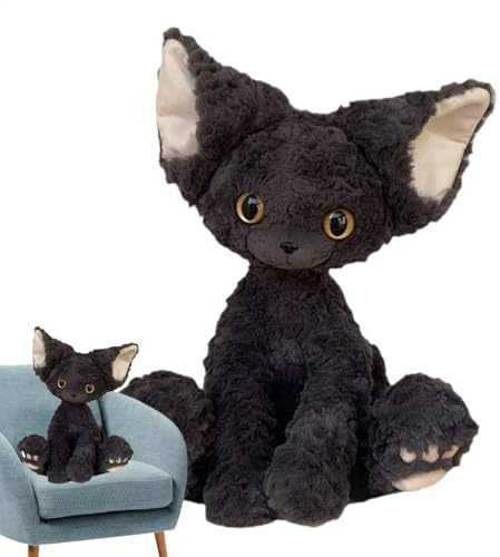 Cute Devon Rex Plush, Black Cat Stuffed Animal for Kids and Adults, Soft Cat Hugging Plush Toy, Cartoon Animal Stuffed Doll, Snuggle Companion for Holiday Birthday Christmas