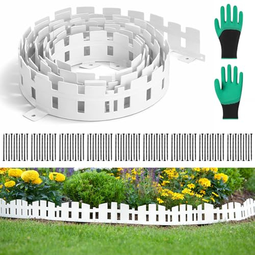 Bordo per prato, in plastica, 15 m, flessibile, con 90 ancoraggi e guanti, per prato, aiuole e sentieri, bordo per tosaerba (bianco, 15 m)