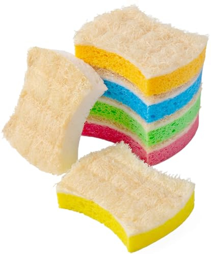 K-STH (6 Pack) Natural Loofah Washing Up Sponges, Non-Scratch 2-Sided Eco Kitchen Scouring Pads & Scourers, Color-Coded Biodegradable Cellulose Kitchen Dish Sponges for Cleaning, Pan & Dish Scrubbing