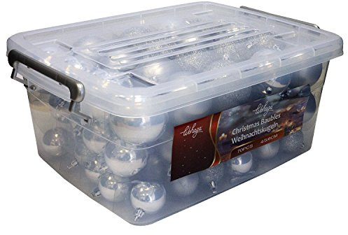 Wohaga 70er Weihnachtskugeln-Set in Transportbehälter Christbaumkugeln Baumschmuck Weihnachtsbaumschmuck Baumkugeln, Farbe:Silber
