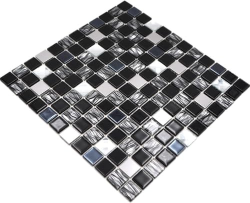Mosaik Fliese selbstklebend Transluzent Edelstahl schwarz Glasmosaik Crystal Stahl schwarz Glas für WAND BAD WC, Mattengröße: 300x300 = 0,09 qm, Steingröße: 23x23x5 mm - 1 Matte