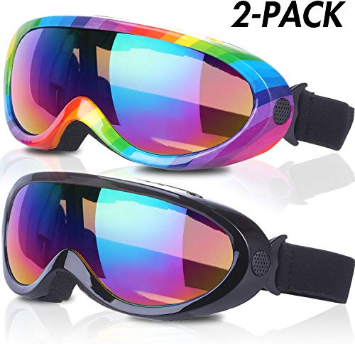 Noorlee, occhiali da sci, confezione da 2, per bambini, ragazzi e ragazze, antivento, con protezione UV 400 e lenti antiriflesso, ., Nero multicolore/arcobaleno multicolore.