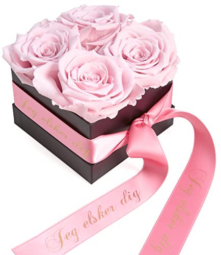 ROSEMARIE SCHULZ Heidelberg Norwegisches Geschenk Liebe - Infinity Rosenbox 4 echte Rosen rosa haltbar 3 Jahre 8,5 x 8,5 cm - Valentinstag für sie (Jeg elsker dig, Rosa)