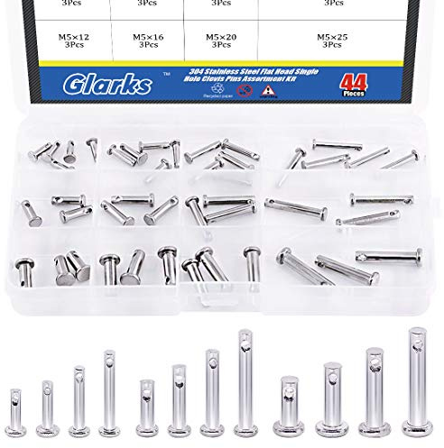 Glarks 44Pcs 12 Sizes 304 Stainless Steel Flat Head Single Hole Clevis Pins Assortment Kit