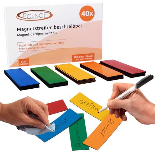 ECENCE Magnetstreifen beschreibbar 40 Stück - 100mmx30mm - abwischbare Magnetschilder - Magnet-Etiketten zuschneidbar für Whiteboards, Kühlschränke, Magnettafeln - bunt