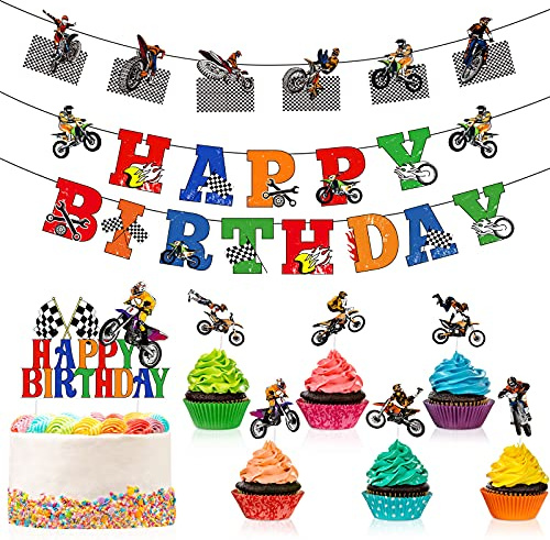 Zonon 20 Pieces Dirt Bike Birthday Decoration Dirt Bike Party Supplies Banner Cake Cupcake Topper for Motocross Themed Birthday Party Man or Boy Riding Room Wall Decoration (Chic Style)