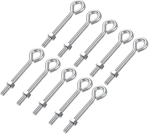 sourcing map M6x60mm Eye Hooks Screws Bolts Kit, 10pcs Carbon Steel Hanger Eyelet Hooks Screw with Hex Nuts for Metal Hook, Wood Terminal Ring Hooks