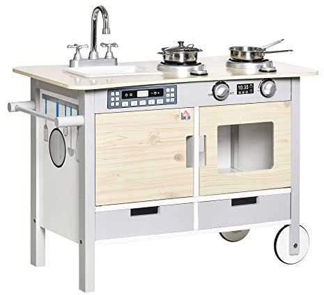 HOMCOM Kinderküche mit Rollen Spielküche Küchenwagen für Kinder mit 2 Töpfen Spüle Kochbank Schränke 5 Stück Küchenzubehör Naturholz+Grau 70 x 40 x 66,5 cm