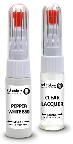 SD COLORS PEPPER WHITE 850 Kit de réparation de peinture avec mini stylo de retouche de 20 ML, pinceau à rayures, code couleur 850, blanc poivre (peinture + vernis)